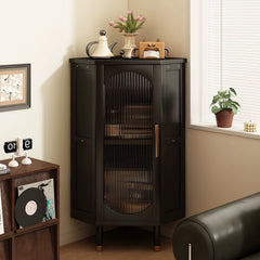 3-Tier Bamboo Corner Cabinet with Glass Doors