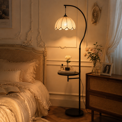 Mid-Century Arc Floor Lamp with Side Table and Crescent Shade