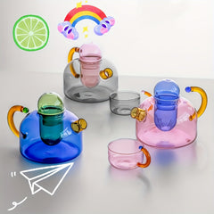 Retro Color-Blocking Glass Teapot Set with 2 Cups