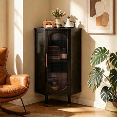 3-Tier Bamboo Corner Cabinet with Glass Doors