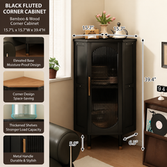 3-Tier Bamboo Corner Cabinet with Glass Doors
