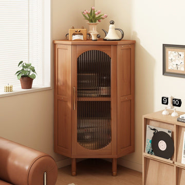 3-Tier Bamboo Corner Cabinet with Glass Doors