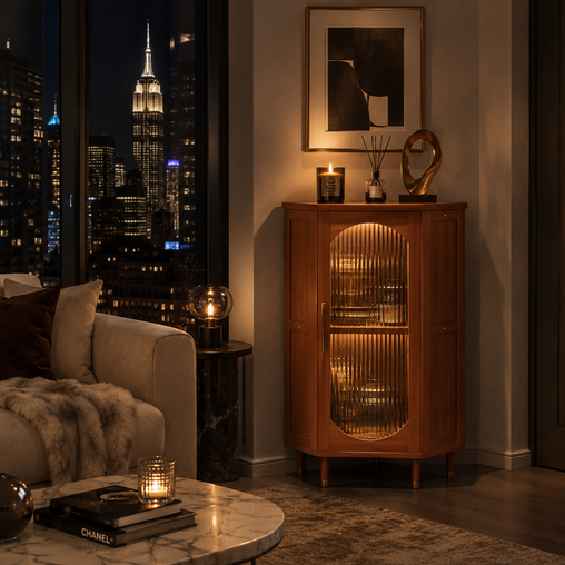 3-Tier Bamboo Corner Cabinet with Glass Doors