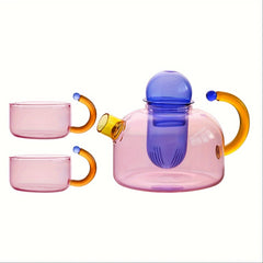 Retro Color-Blocking Glass Teapot Set with 2 Cups