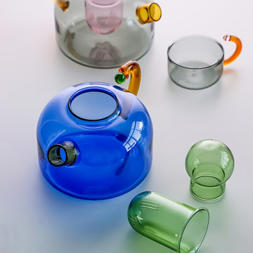 Retro Color-Blocking Glass Teapot Set with 2 Cups