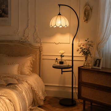 Mid-Century Arc Floor Lamp with Side Table and Crescent Shade