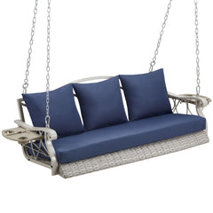 3-Person Wicker Porch Swing Chair Heavy Duty 900 LBS Outdoor Rattan Patio Swing Chair w/Cup-Holder & Steel Chains