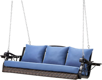 3-Person Wicker Porch Swing Chair Heavy Duty 900 LBS Outdoor Rattan Patio Swing Chair w/Cup-Holder & Steel Chains