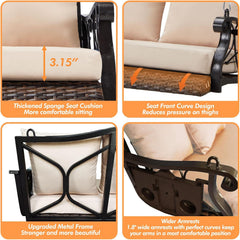 3-Person Wicker Porch Swing Chair Heavy Duty 900 LBS Outdoor Rattan Patio Swing Chair w/Cup-Holder & Steel Chains