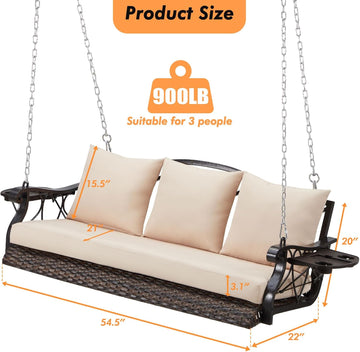 3-Person Wicker Porch Swing Chair Heavy Duty 900 LBS Outdoor Rattan Patio Swing Chair w/Cup-Holder & Steel Chains