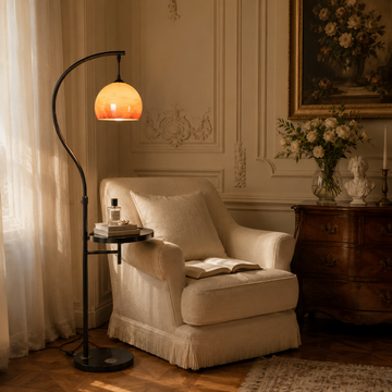 Mid-Century Arc Floor Lamp with Side Table and Glass Shade