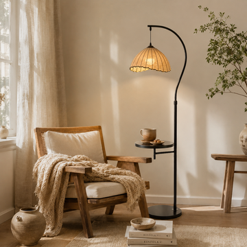 Mid-Century Arc Floor Lamp with Side Table and Crescent Shade