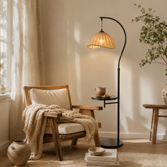 Mid-Century Arc Floor Lamp with Side Table and Crescent Shade