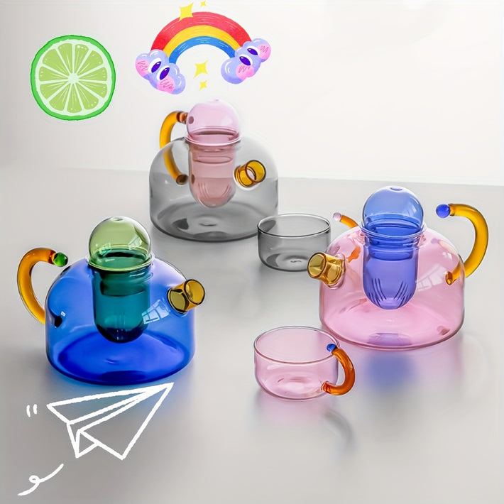 Retro Color-Blocking Glass Teapot Set with 2 Cups