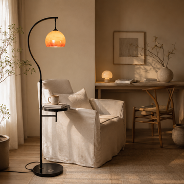 Mid-Century Arc Floor Lamp with Side Table and Glass Shade