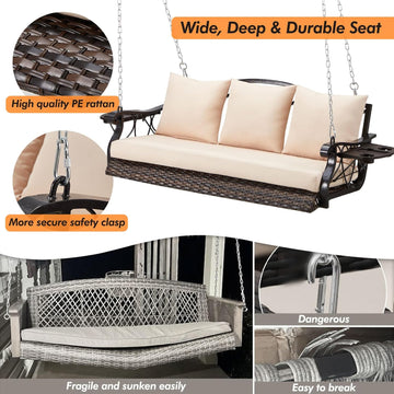 3-Person Wicker Porch Swing Chair Heavy Duty 900 LBS Outdoor Rattan Patio Swing Chair w/Cup-Holder & Steel Chains