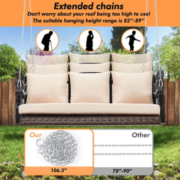 3-Person Wicker Porch Swing Chair Heavy Duty 900 LBS Outdoor Rattan Patio Swing Chair w/Cup-Holder & Steel Chains