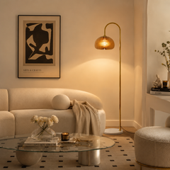Minimalist Marble Arc Floor Lamp with Pumpkin Shade