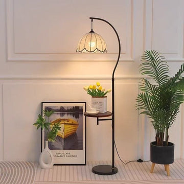 Mid-Century Arc Floor Lamp with Side Table and Crescent Shade