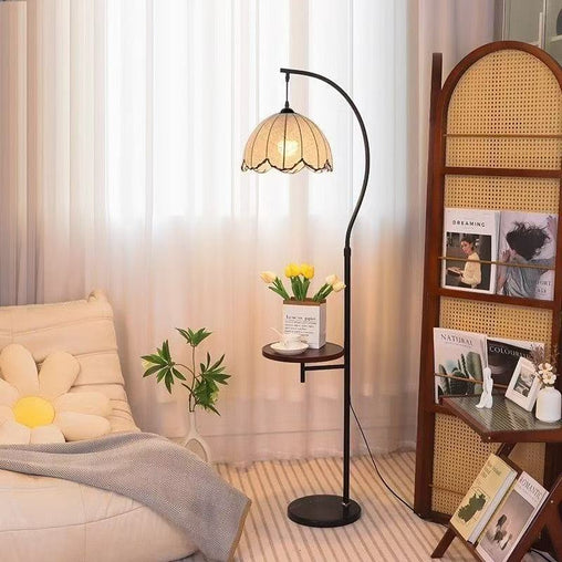 Mid-Century Arc Floor Lamp with Side Table and Crescent Shade