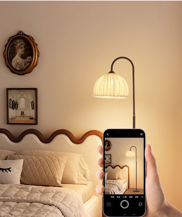 Vintage Black Arched Pleated Ruffle Floor Lamp