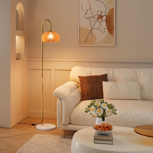 Minimalist Marble Arc Floor Lamp with Pumpkin Shade