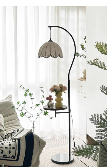 Mid-Century Arc Floor Lamp with Side Table and Crescent Shade