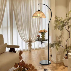 Mid-Century Arc Floor Lamp with Side Table and Crescent Shade