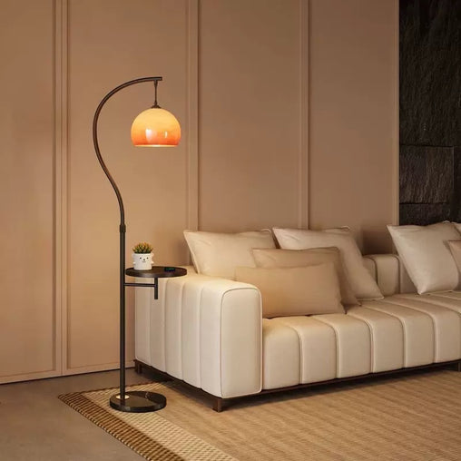 Mid-Century Arc Floor Lamp with Side Table and Glass Shade