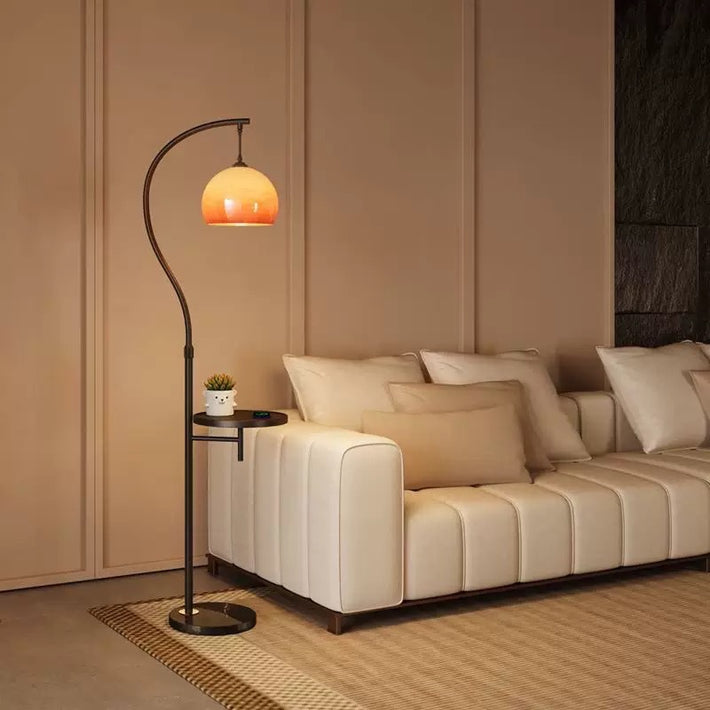 Mid-Century Arc Floor Lamp with Side Table and Glass Shade