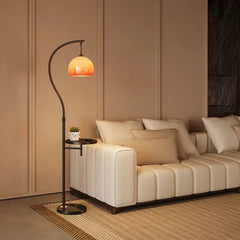 Mid-Century Arc Floor Lamp with Side Table and Glass Shade