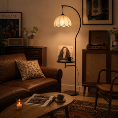 Mid-Century Arc Floor Lamp with Side Table and Crescent Shade