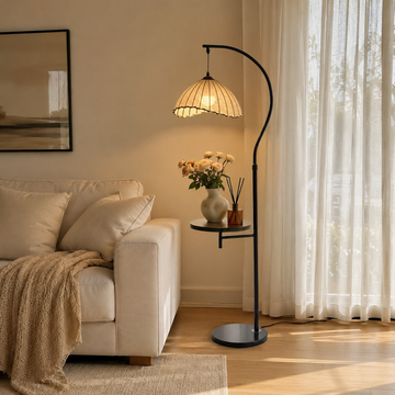 Mid-Century Arc Floor Lamp with Side Table and Crescent Shade