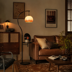 Mid-Century Arc Floor Lamp with Side Table and Glass Shade