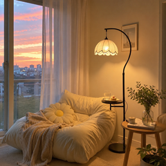 Mid-Century Arc Floor Lamp with Side Table and Crescent Shade