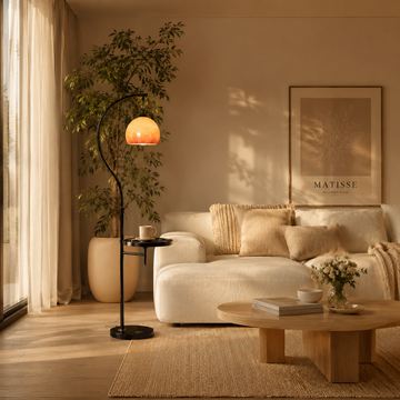 Mid-Century Arc Floor Lamp with Side Table and Glass Shade
