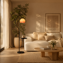 Mid-Century Arc Floor Lamp with Side Table and Glass Shade