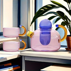Retro Color-Blocking Glass Teapot Set with 2 Cups