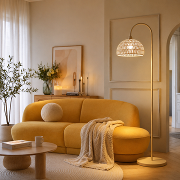 Boho Hand-Woven Rattan Arched Floor Lamp